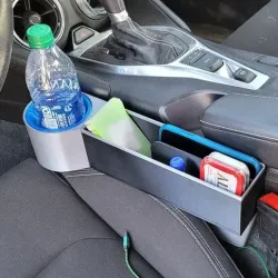 Storage for car with cup holder, next to the seats