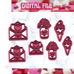 Valentine's Day Letter, Flowers in Mason Jar, and Umbrella with Hearts 3d STL Files For Polymer Clay Cutters