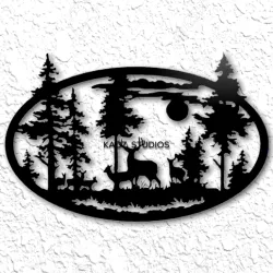 Deer in Forest Mountain Scene Wall Art Cabin Decor