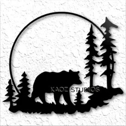 Full moon bear in the forest wall art mountain wall decor