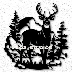 Deer in Forest Mountain Scene Wall Art Cabin Decor