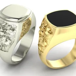 signet mens ring with a pattern of lilies and a black onyx stone