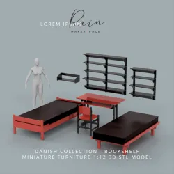 MINIATURE DANISH STYLE BOOKCASE AND BOOK SHELF (3 Furniture FILES)  FURNITURE, DOLLHOUSE FURNITURE, MINIATURE FURNITURE, MINIATURE BOOK CASE, MINI BOOKSHELF