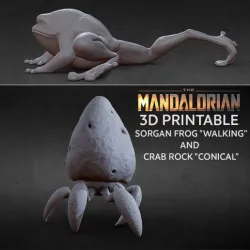 3D PRINTABLE CRAB ROCK CONICAL AND SORGAN FROG WALKING THE MANDALORIAN