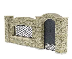 Cobblestone And Wrought Iron Fence And Garden Gate 3D model
