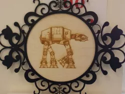 Laser etched ATAT walker in a laser cut frame