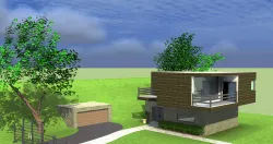 House on hill with lake aside