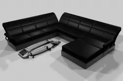 Black Leather Couch and Glass Table 3D model