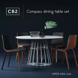 CB2 compass dining table set with Arper Aava chairs 3D model