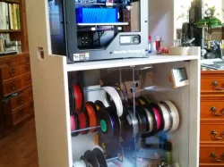 Cabinet for printer, dry storage for filament with easy change system and tooling. 3D Printing on Wheels - workstation