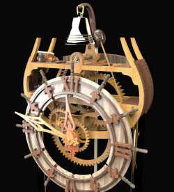 Electro-mechanical marine-themed wooden clock for laser cutting. Every hour it strikes the bell...
