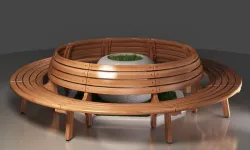 Wooden Round Bench and Flowerpots 3D model