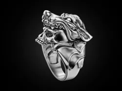 Human skull ring and wolf head 3D print model