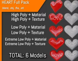 Heart Full Pack - 6 Models - High Poly to Low Poly 3D Model Collection