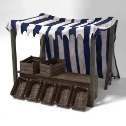 Medieval Market Stall Tent Blue and White 3D Model with Crates Low-poly  3D model