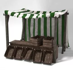 Medieval Market Stall Tent Green and White 3D Model with Crates Low-poly  3D model