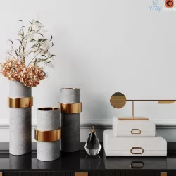West Elm decoration set with eucalyptus and brass gold vase 3D model