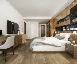 luxury loft modern bedroom suite in hotel with working table 3D model