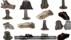 Collection of Trees Stumps and Logs - low and high poly 