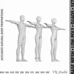 Female and Male Base Mesh Natural Proportions in T-Pose Low-poly  3D model