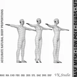 Female and Male Base Mesh Natural Proportions in T-Pose Low-poly  3D model