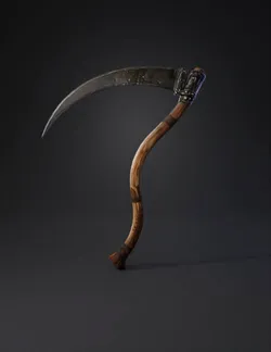 A detailed rugged 3D model of a war scythe suitable for use in a gam