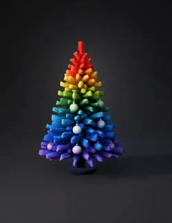 a rainbow colored christmas tree with ornaments in red yellow green