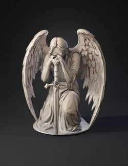 angel with sword kneeling with wings emblem for Weeping Spring Studios