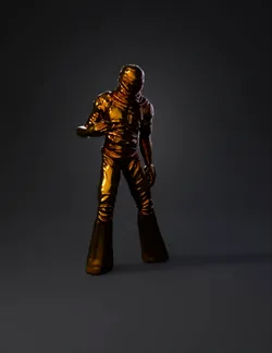 gold space astronaut figure on red platform with metallic texture