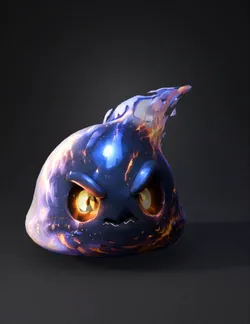 lava blob creature with fiery rim and glowing eyes dark blue body wit