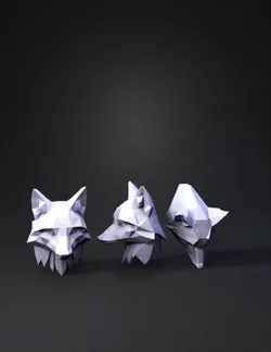 low poly fox head model in orange and white with black nose and angula
