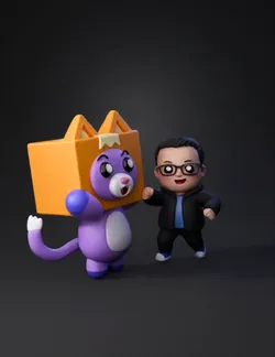 purple cartoon rabbit holding a yellow gift box