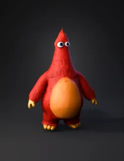 red plush creature with orange belly yellow limbs furry texture car