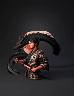 samurai character with red glowing sword ornate patterned kimono dar