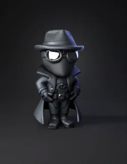 noir detective figure with fedora trench coat and gloves in dark mon