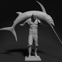 Fisherman Carrying Giant Fish - Realistic 3D Sculpture