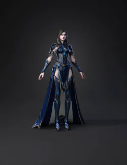 female fantasy armored warrior wearing ornate blue armor with glowing