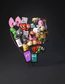 heart shaped cluster of cartoon devices and objects with faces on pink