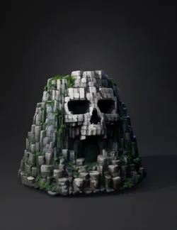 Skull shaped rock mountain with blocky stone texture green vegetation