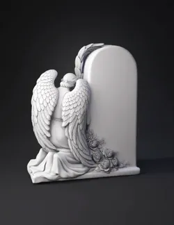 angel tombstone sculpture with wings and roses in grayscale