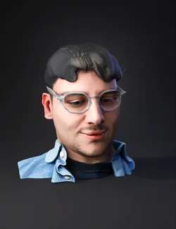 head of a person with short hair wearing a blue striped shirt
