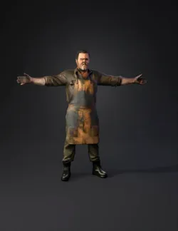 man wearing a dirty apron and worn work clothes arms outstretched