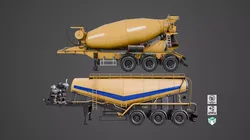 Cement Mixer and Trailer Yellow Rigged All PBR Unity UE Textures 3D Model Pack