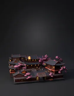 traditional asian courtyard with lanterns cherry blossom trees and p