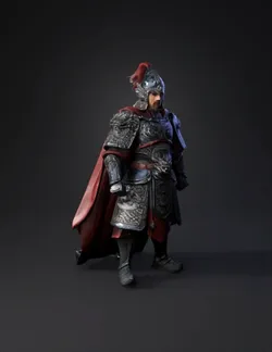ornate plate armor knight with dragon engravings and red cape