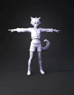 anthropomorphic cat girl with gray fur ears and tail wearing beige l