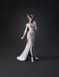 slender fantasy woman in a white gown with gold embroidery ornate cro