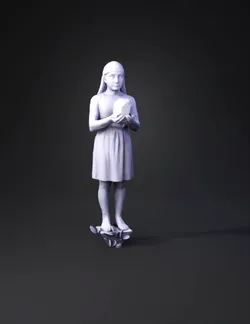 bronze statue of a girl holding a glowing green cube standing on a pe