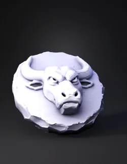 gray stone ram horn sculpture with carved horn motif and textured rock