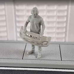 Cara, homen, abaixado, diorama, parachoque